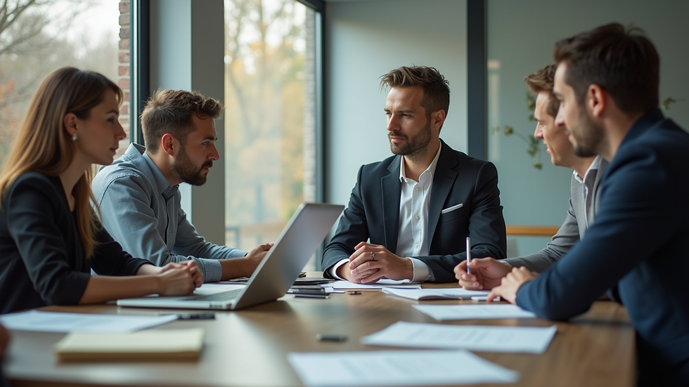 Eye-level view of a team engaged in a brainstorming session