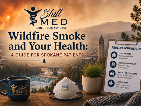Shill Med header graphic featuring an N95 mask, health checklist, and Spokane Falls skyline under smoky skies, titled 'Wildfire Smoke and Your Health: A Guide for Spokane Patients'.