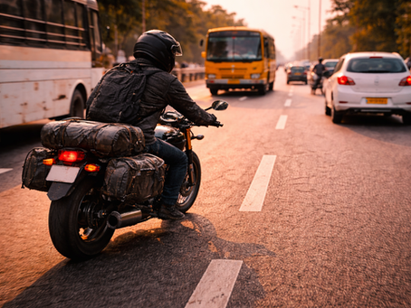 Motorcyclist slowing down smoothly on an Indian road using engine braking technique