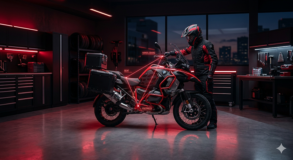 A premium red and black adventure motorcycle in a modern workshop with a glowing digital overlay showing the optimal rider ergonomics triangle.