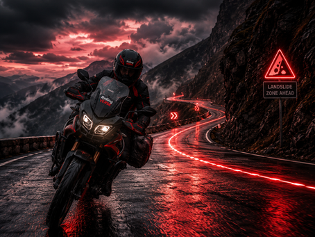 Adventure motorcyclist riding confidently through a challenging mountain road with safety route indicators and hazard awareness markers integrated into the landscape.