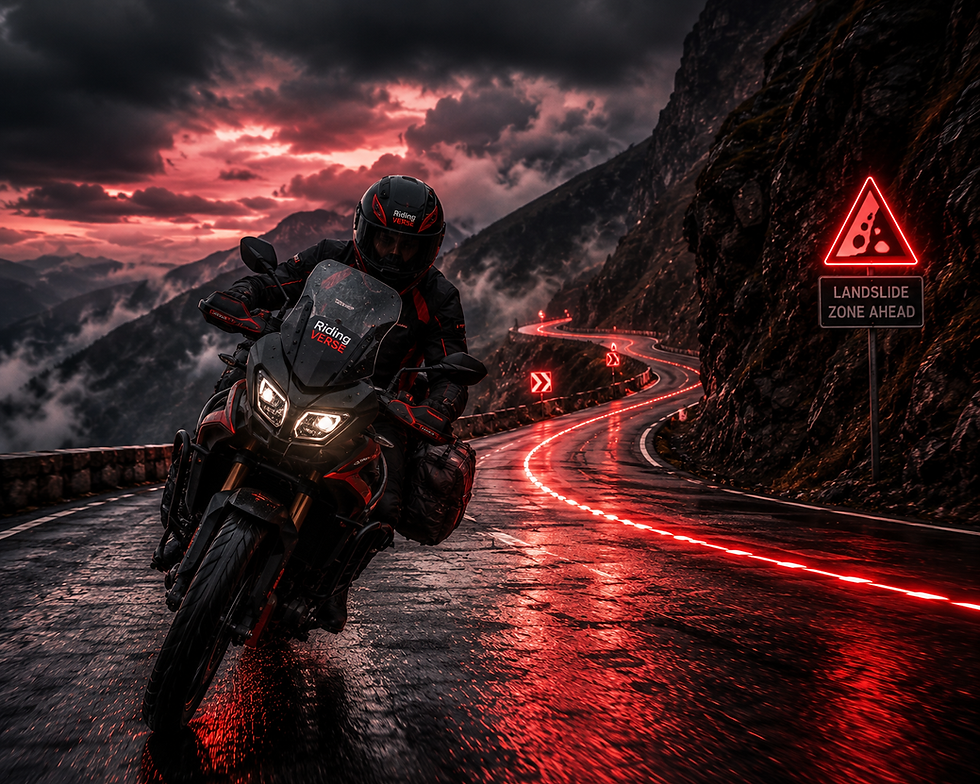 Adventure motorcyclist riding confidently through a challenging mountain road with safety route indicators and hazard awareness markers integrated into the landscape.