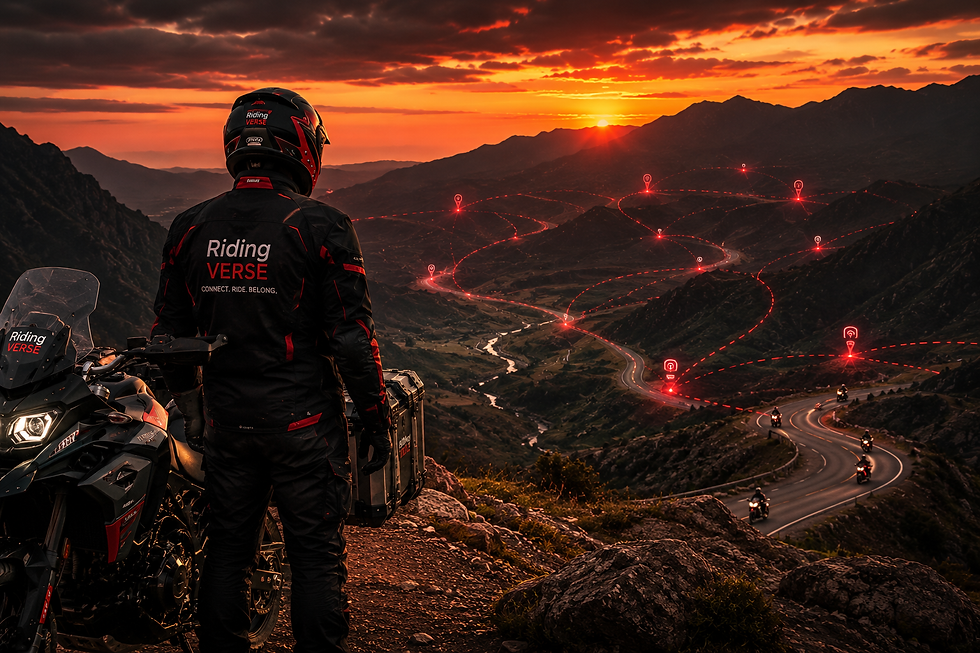 Motorcycle ride leader coordinating a group ride at a scenic overlook while monitoring routes, riders, safety checkpoints and ride progress.