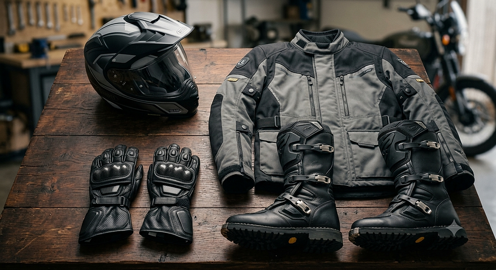 Premium motorcycle riding gear including full-face helmet, armored jacket, riding boots, and gloves neatly laid out.