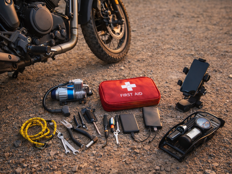 Motorcycle parked on an Indian roadside with essential bike tools laid out beside it