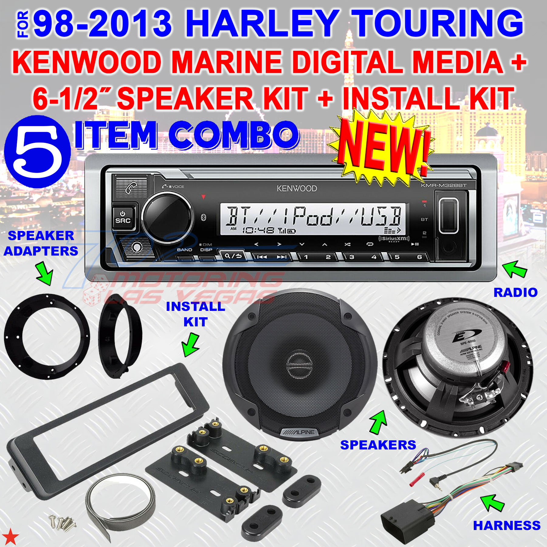 Marine Radio 6.5" Kenwood Speakers & Adapters 982013 Harley FLHT Dash