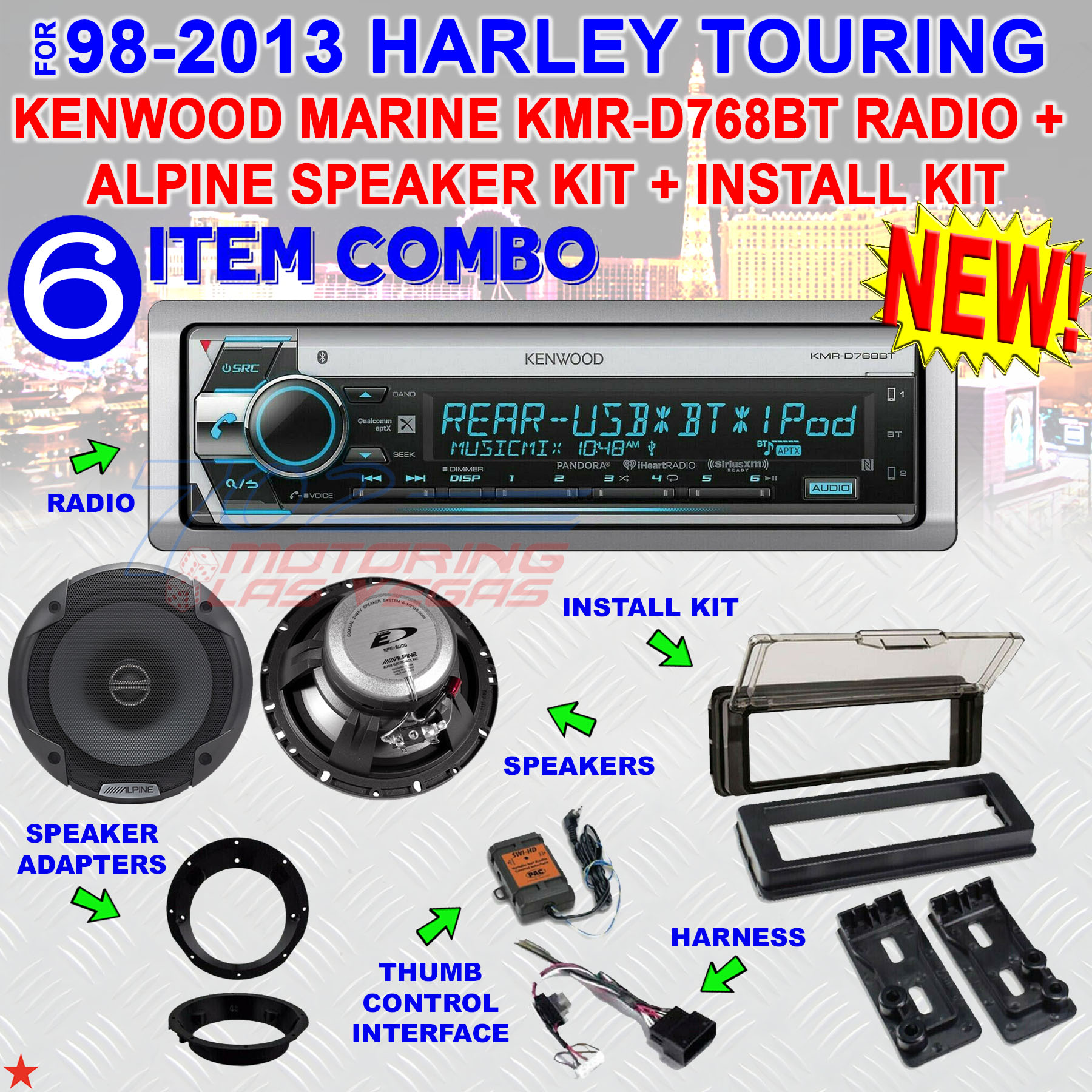 Marine Radio 6.5" Kenwood Speakers & Adapters 982013 Harley FLHT Dash Kit Fast Delivery on each