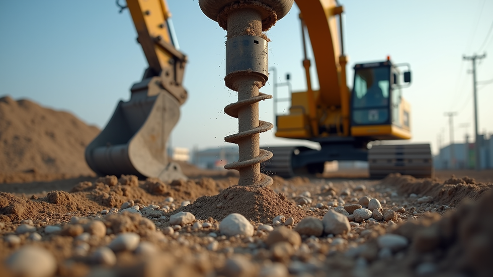 Eye-level view of hydraulic machinery installing screw piles on a construction site