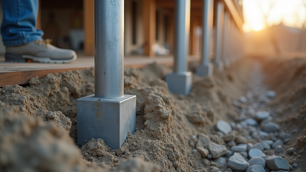 Close-up view of foundation repair work with steel piers being installed