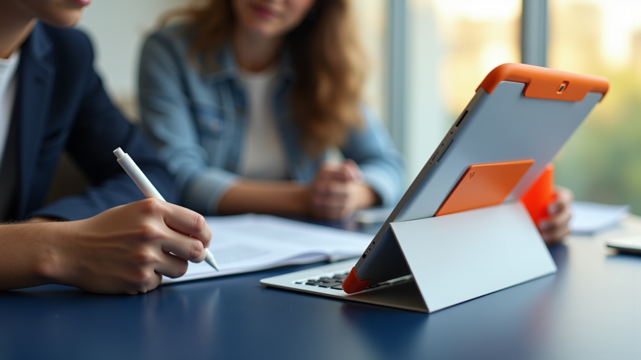 Person writing on paper, tablet with orange cover, and another person