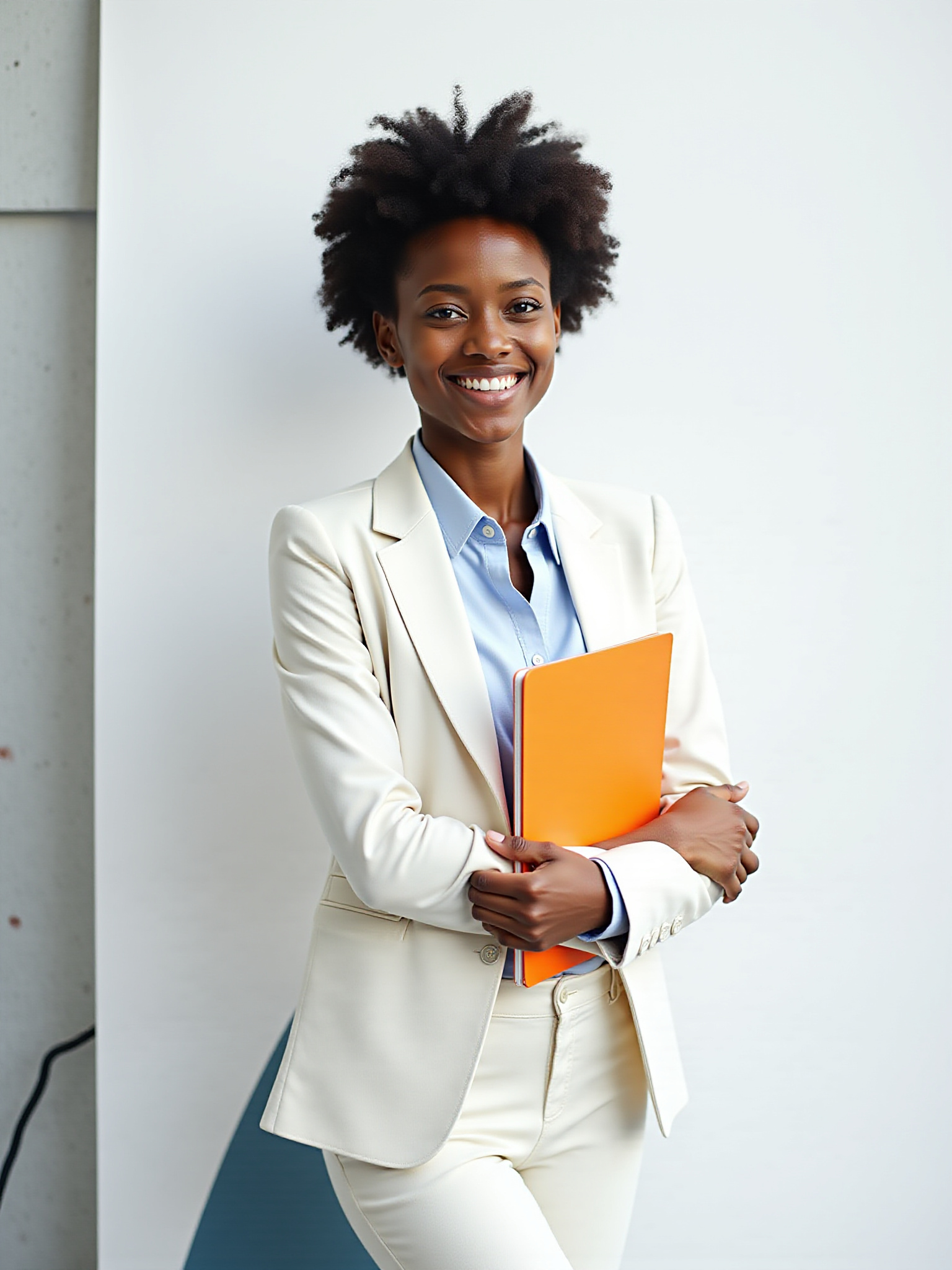 Smiling Black woman in a suit holding an orange folder