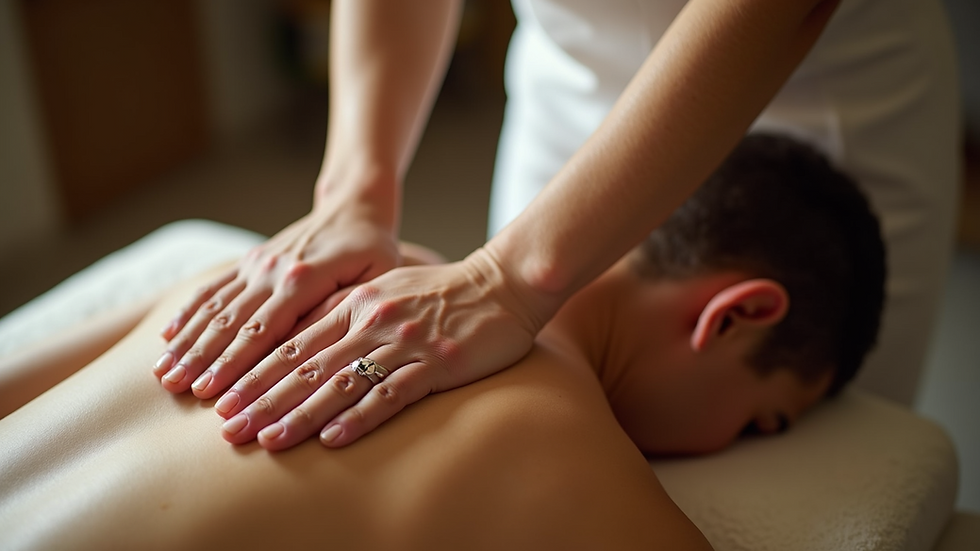 High angle view of a massage therapist performing Lomi Lomi massage on a client