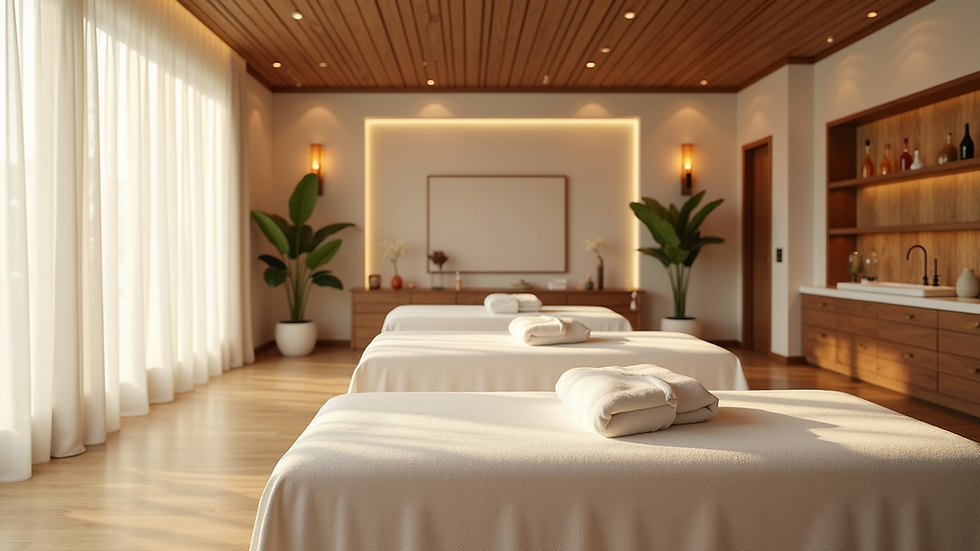 Wide angle view of a serene spa environment with massage tables and soft natural light