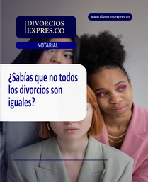 Infografía sobre los tipos de divorcio en Colombia: mutuo acuerdo por notaría, divorcio contencioso y divorcio con bienes, incluyendo tiempos y características.