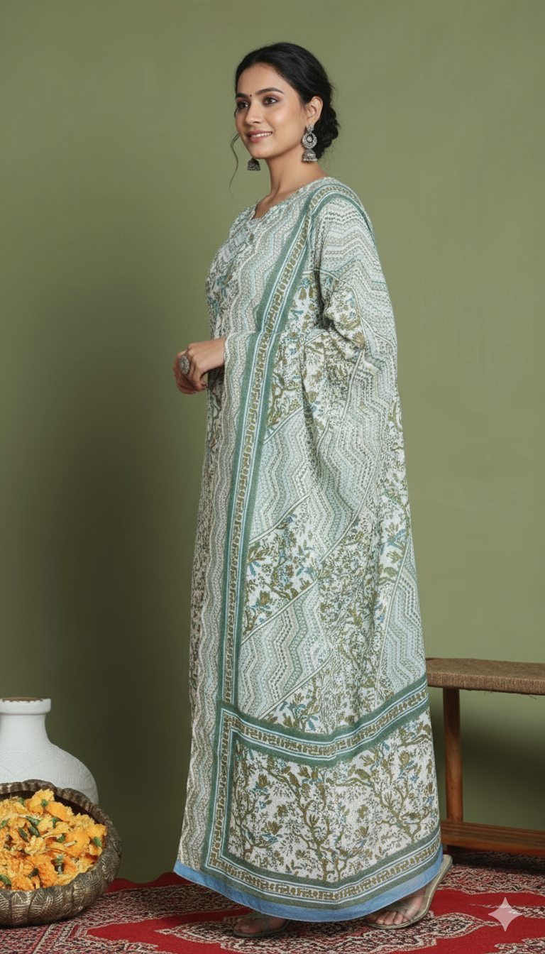 Thumbnail: Green Womens Pure Cotton Jaipuri Printed Kurta Pant Dupatta Set 