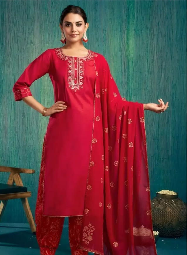 Thumbnail: Red Women's Kurta Palazzo Set with Dupatta Kurta Set