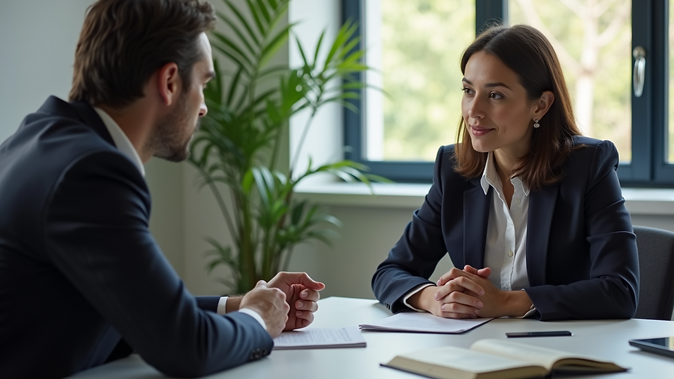 Eye-level view of a personal injury case manager discussing a case with a client