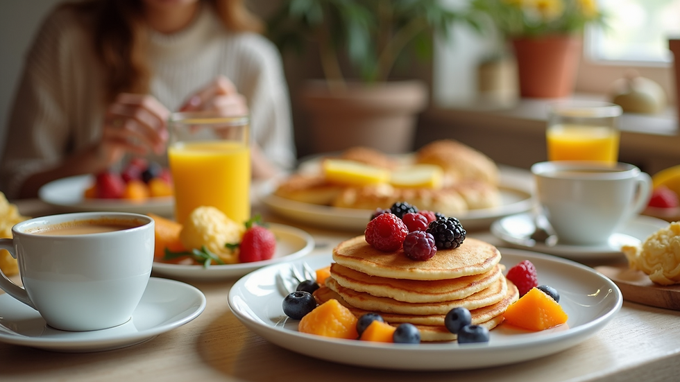 Close-up view of a cheerful breakfast table with colorful fruits and pancakes