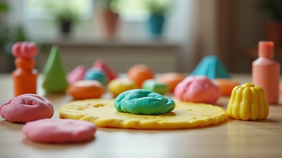 Eye-level view of a homemade playdough setup with colorful accessories