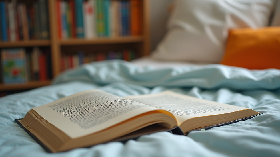 High angle view of a colorful children's book collection on a bed
