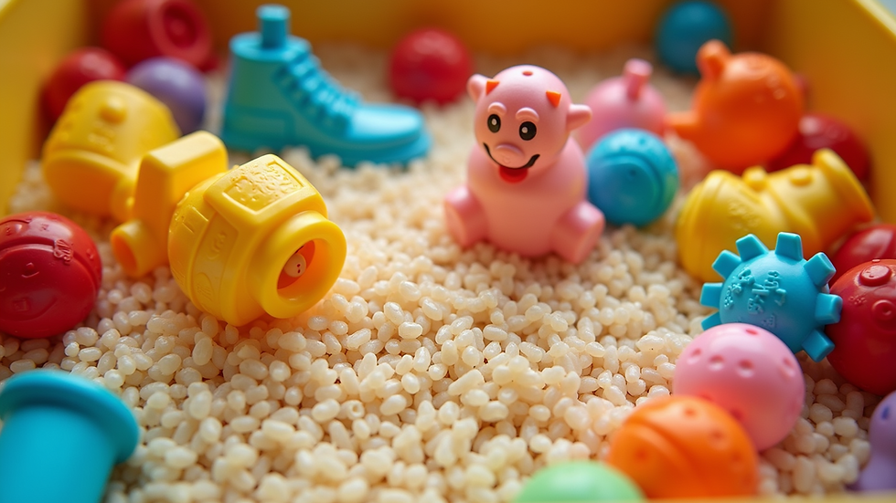 Top-down view of a colorful sensory bin filled with rice and toys