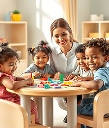 A warm, natural-light daycare classroom scene featuring 4‑5 happy children of diverse cult