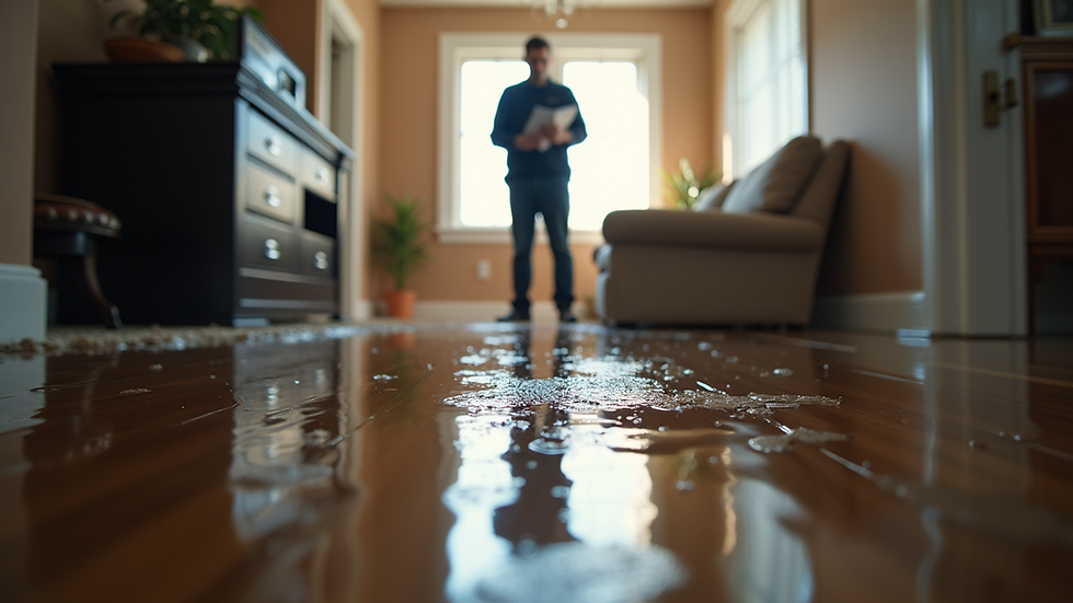 Close-up view of an insurance adjuster inspecting flood damage in a home