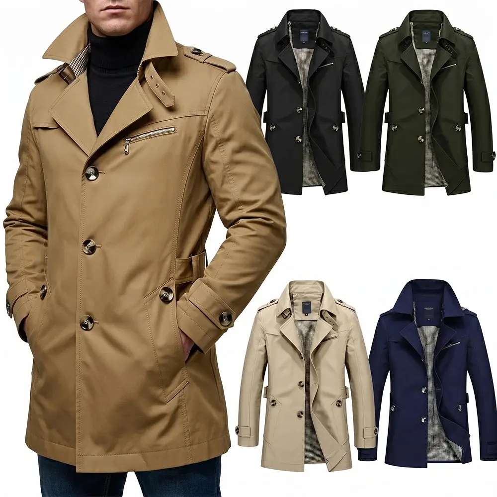 Men's Trench Coat Business Casual Lapel Windbreaker Mid Length Slim Fit Jacket M