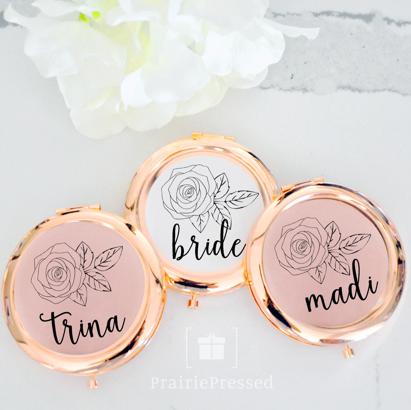 Rose Gold Floral Compact Mirror Bridesmaid Gift