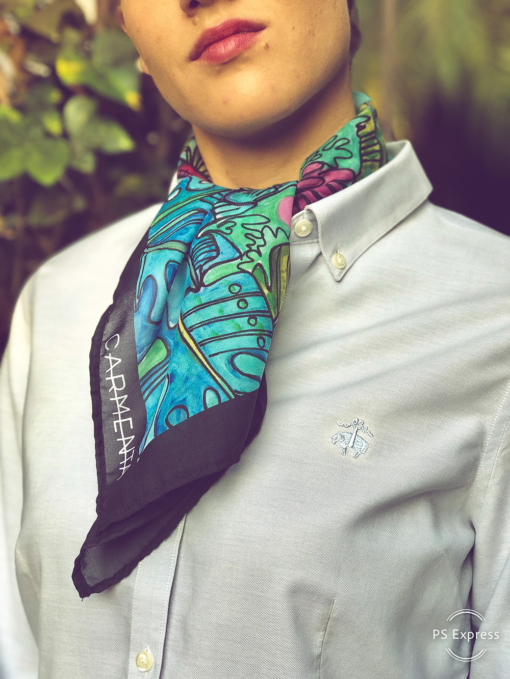 CARMENTA - model wearing scarf ascot knot tutorial, Costa Rica design and art printed on fabric