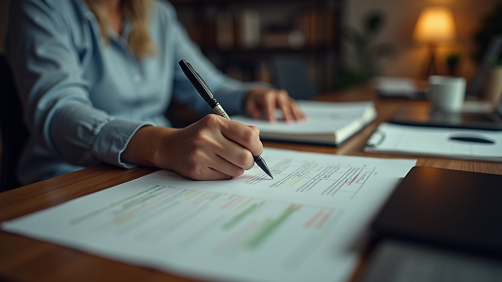 Plano detalle de un escritorio con computadora y notas de estrategia digital