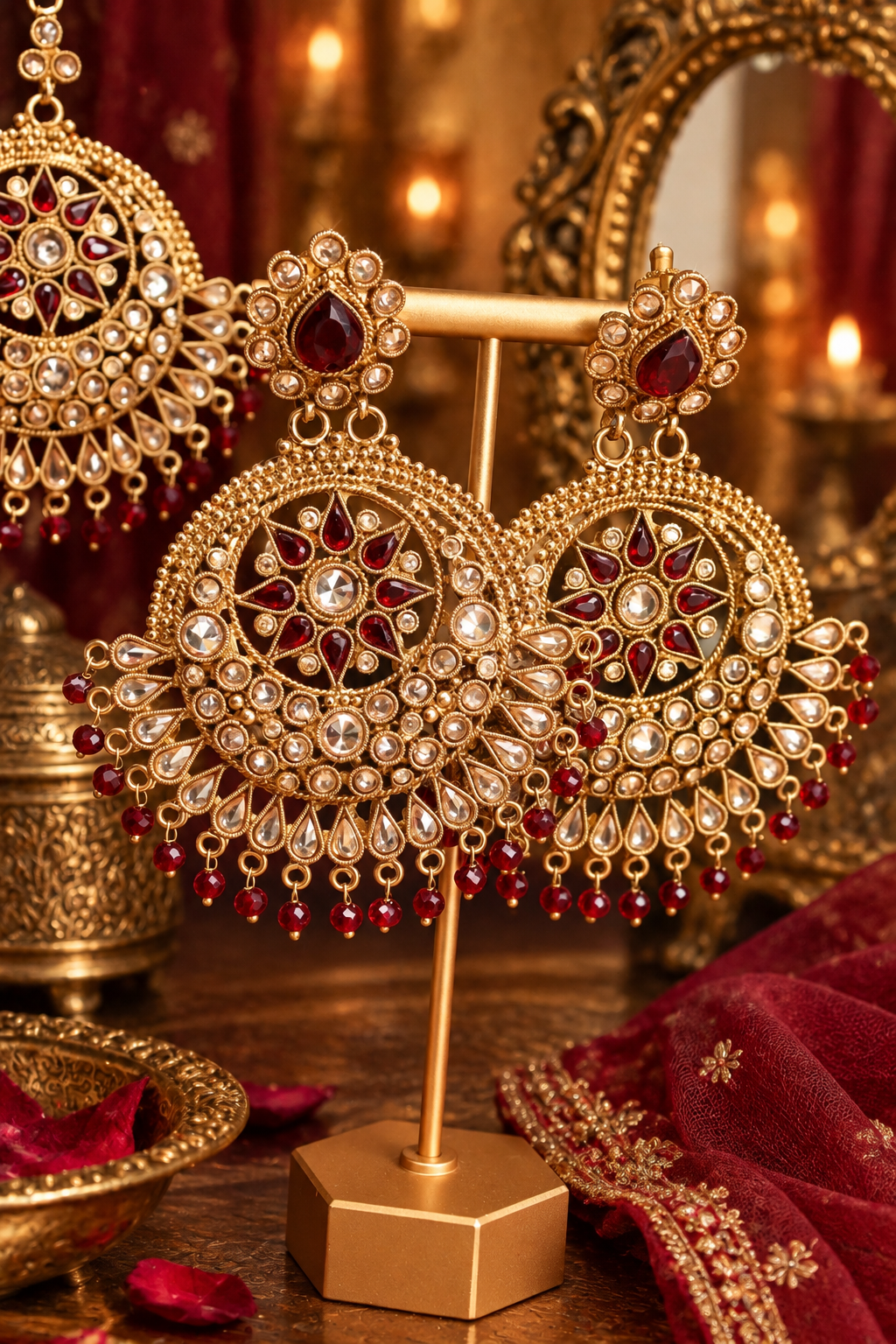 Ranisah Indian tikka and statement earring set in gold with deep red stones by Pagal Zalim