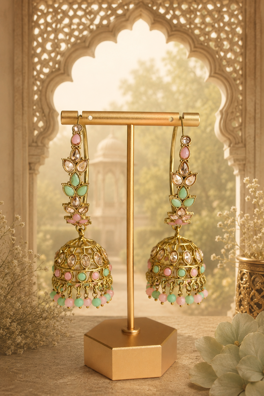 Jharokha Jaali Jhumkas - Panna Gulabdan