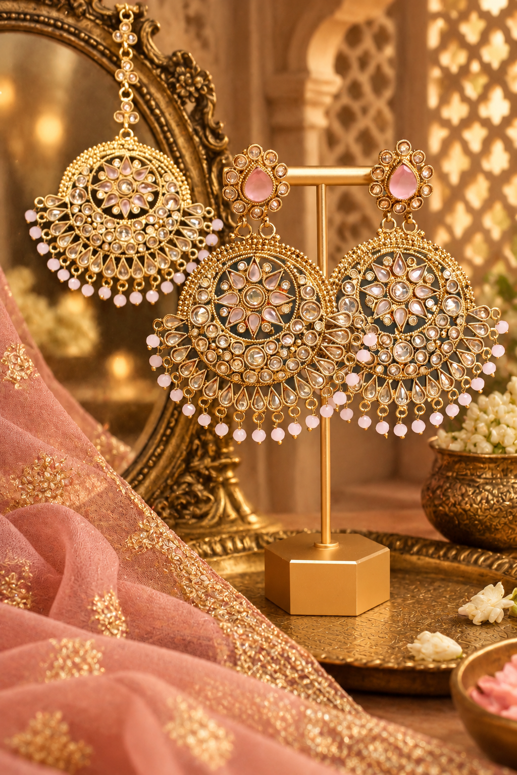 Ranisah Indian tikka and statement earring set in gold with light pink stones by Pagal Zalim
