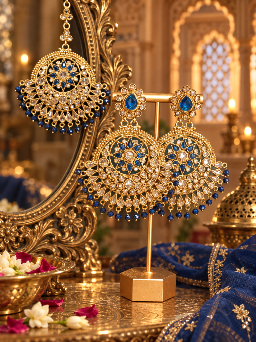 Ranisah Indian tikka and statement earring set in gold with deep blue stones by Pagal Zalim