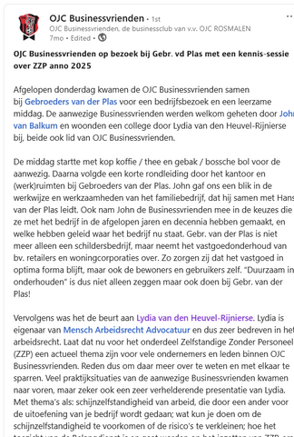 Advocaat Lydia van den Heuvel-Rijnierse van Mensch Arbeidsrecht Advocatuur gaf een presentatie voor de werkgevers en ondernemers van OJC Businessvrienden in Rosmalen Den Bosch. Presentatie over zzp schijnzelfstandigheid werknemers arbeidsrecht