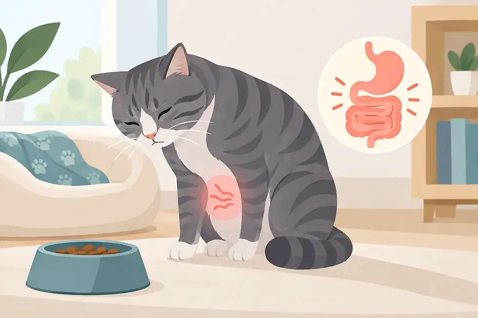 Guia para desconforto digestivo felino em casa