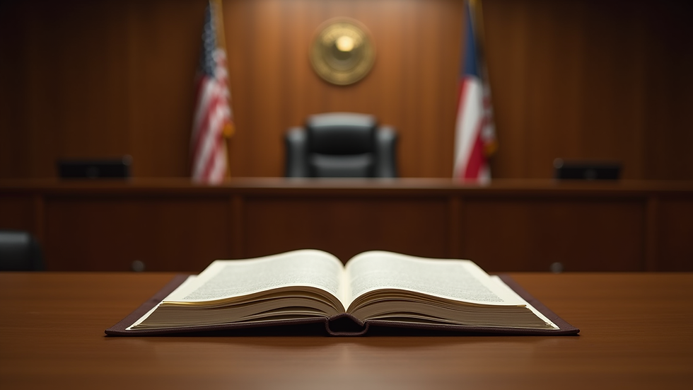 Close-up view of a courtroom with judge’s bench and legal books