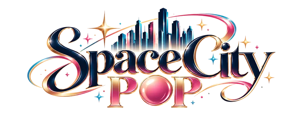 Digital illustration of the 'Space POP' logo featuring a retro-futuristic neon cityscape and vibrant cosmic stars. Energetic and stylish design.
