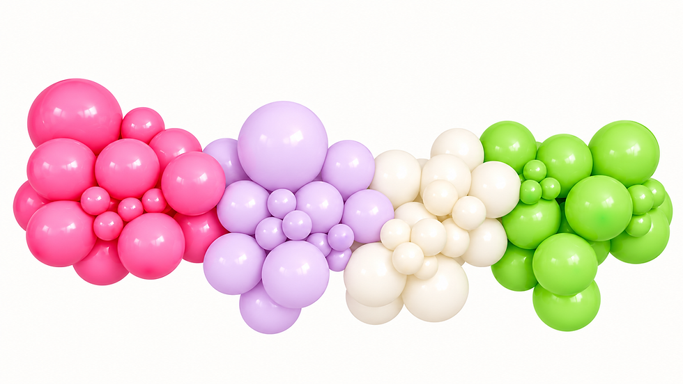 Colorful pink, purple, white, and green balloon garland
