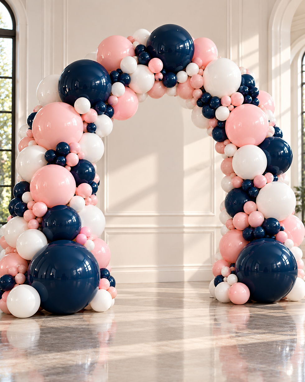 Navy, pink, and white balloon arch for event decor