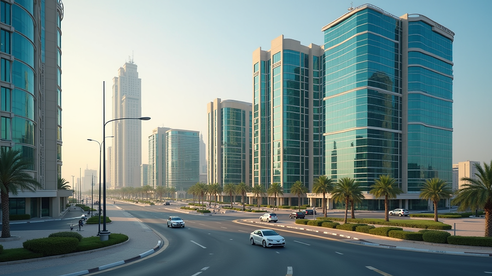 Close-up view of Dubai freezone business district with office buildings