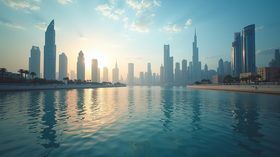 Eye-level view of Dubai city skyline with modern skyscrapers