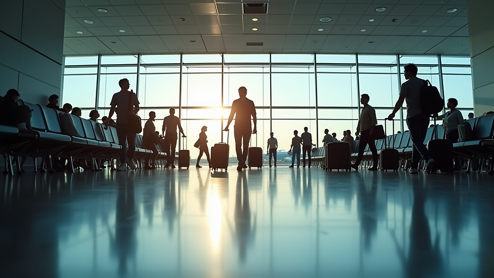 Eye-level view of a busy airport terminal with travelers and luggage