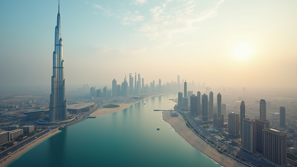 High angle view of Dubai skyline with Burj Khalifa towering over the city