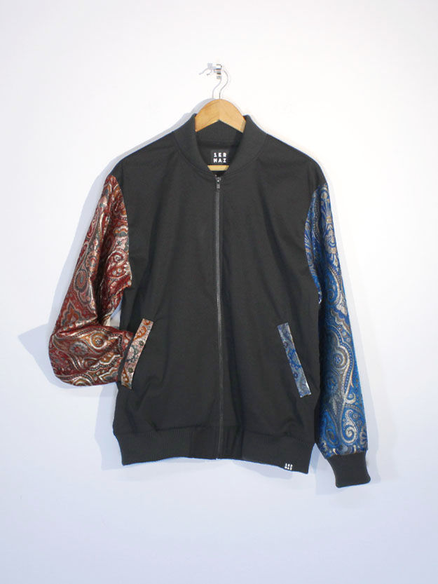 Thumbnail: Silk Sari Bomber Jacket Royalty Red/Blue/Black - M