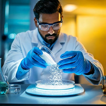 Firefly A scientist with blue gloves pouring white granules into a petri dish in a modern laboratory.jpg