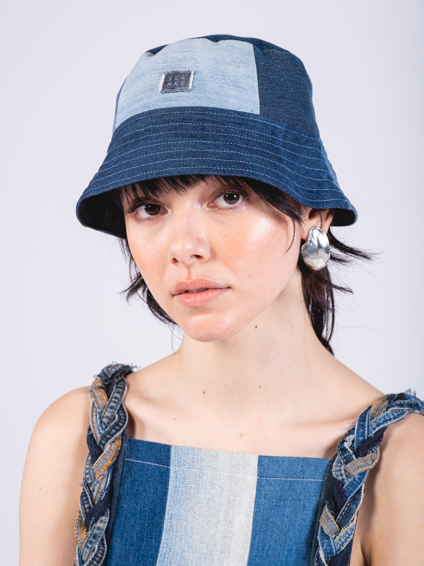 Reversible Bucket Hat in Blue Jeans Patchwork/Black