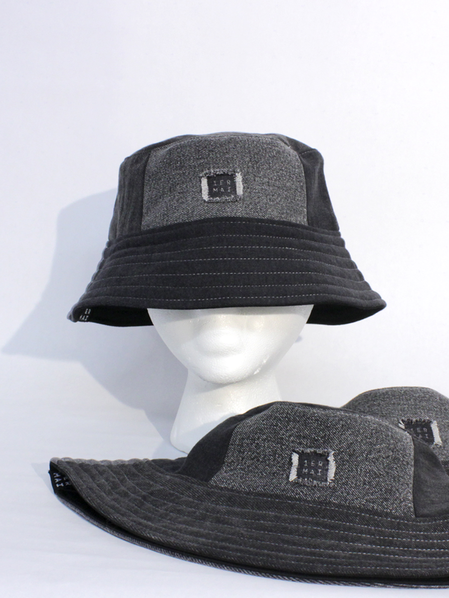 Reversible Bucket Hat in Black-Grey Jeans Patchwork/Black