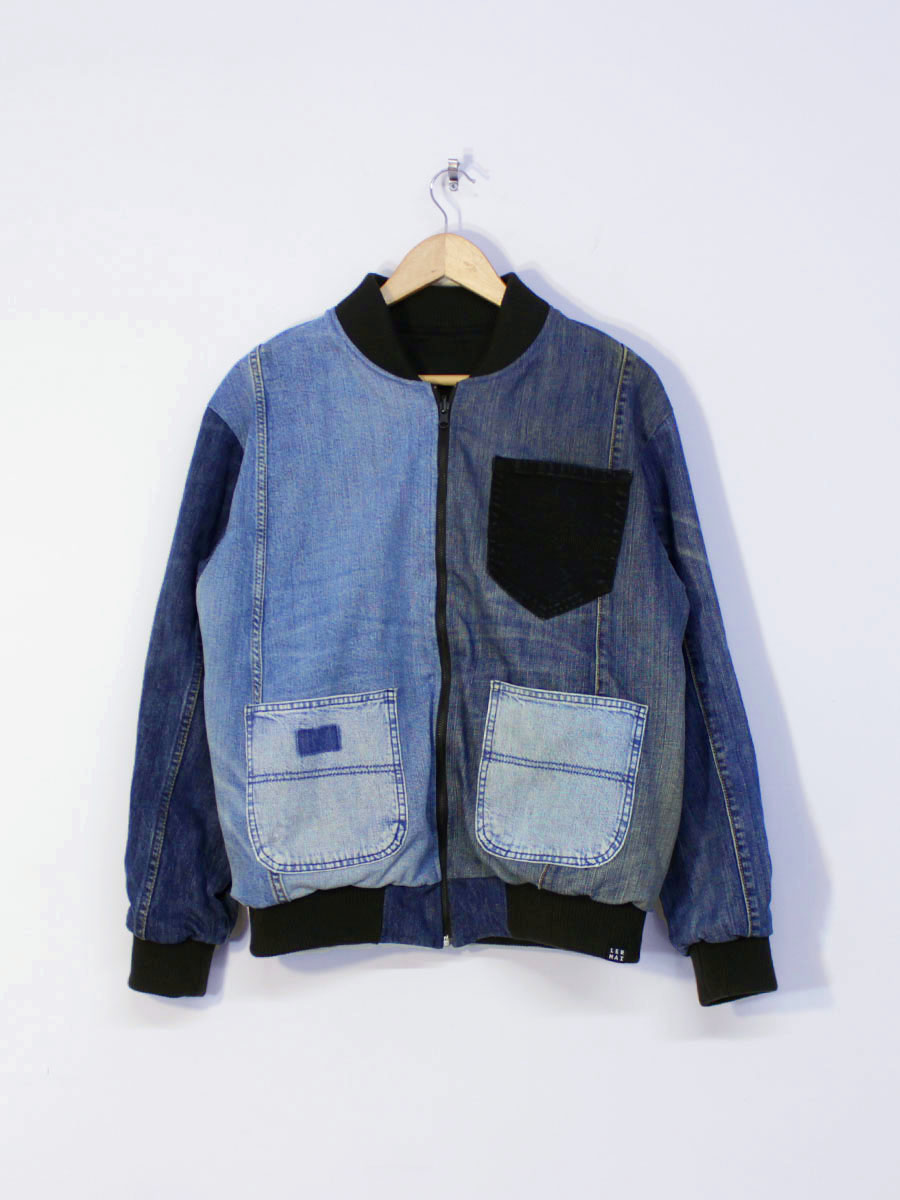 Reversible Bomber Jacket in Blue Jeans Patchwork/Black